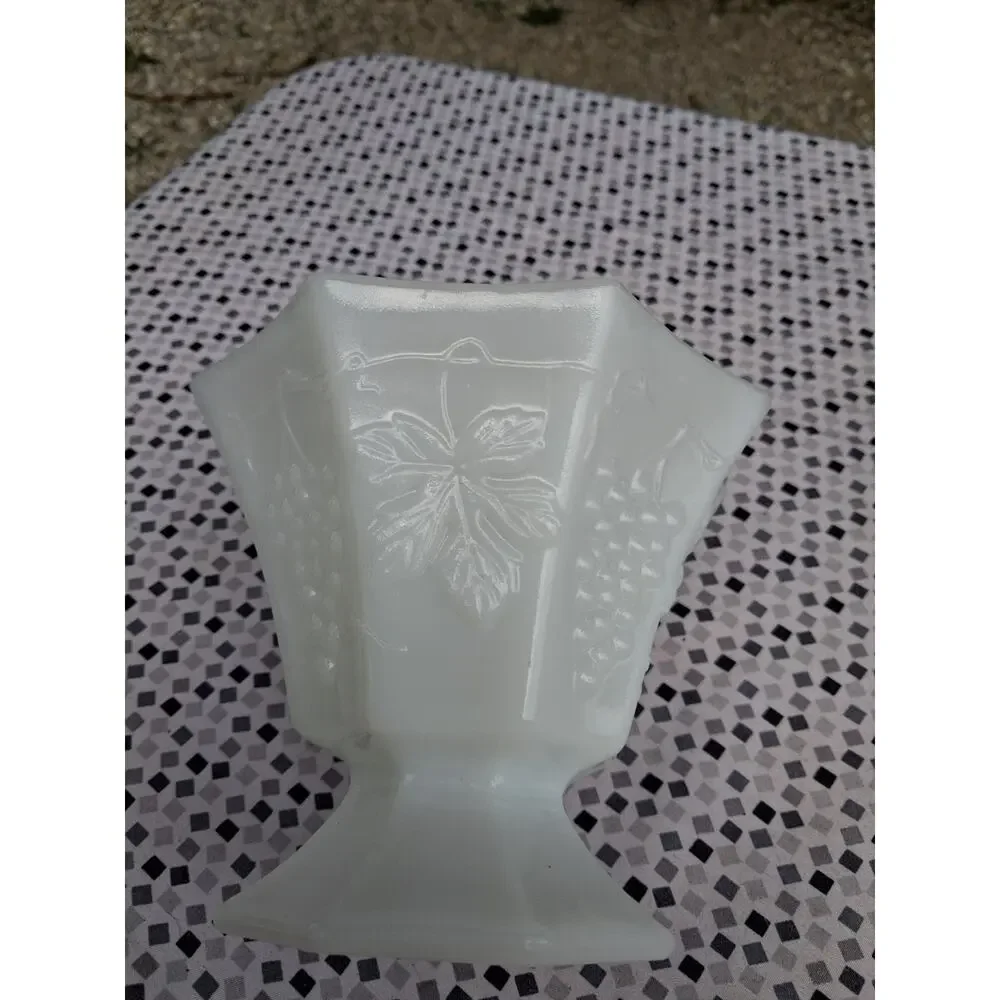 Milk Glass 8 Sided Dish Grape & Leaf Pattern 5